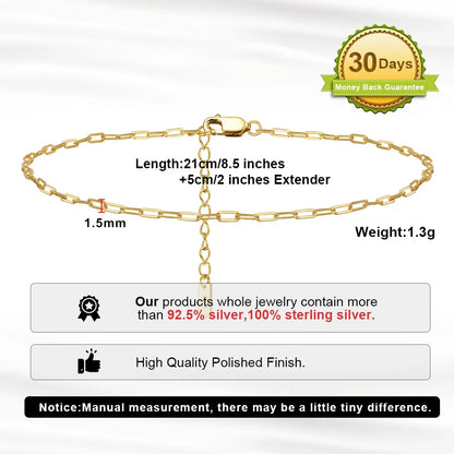 ORSA JEWELS 14K Gold 1.2mm Italian Cuban Chain Anklet for Women 925 Sterling Silver Fine Summer Beach Foot Bracelet Anklets SA43