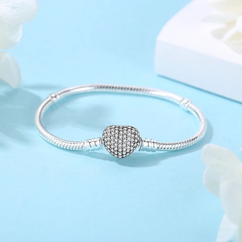 Original 925 Sterling Silver Bracelets For Women Charms Beads Rose Gold Pave CZ Love Heart Snake Chain Luxury Jewelry Gift