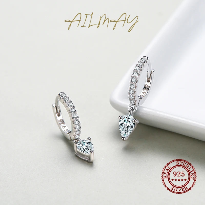 Ailmay 100% 925 Sterling Silver Fashion Clear CZ Water Drop Shape Sparkling Hoop Earrings  For Women Wedding Statement Jewelry