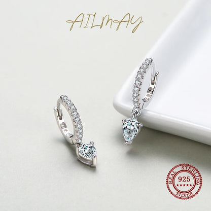 Ailmay 100% 925 Sterling Silver Fashion Clear CZ Water Drop Shape Sparkling Hoop Earrings  For Women Wedding Statement Jewelry