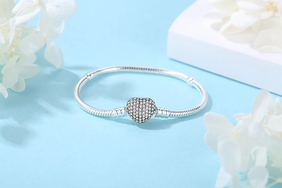 Original 925 Sterling Silver Bracelets For Women Charms Beads Rose Gold Pave CZ Love Heart Snake Chain Luxury Jewelry Gift