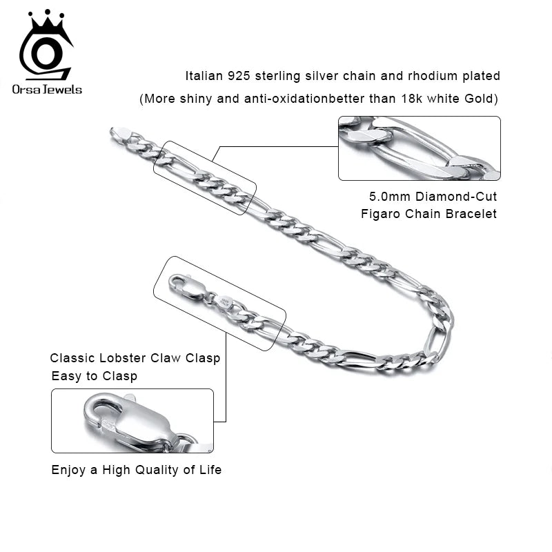 ORSA JEWELS Italian 14K Gold 5mm Diamond-Cut Figaro Chain Bracelet for Women Men Fashion 925 Silver Bracelet Party Jewelry SB66