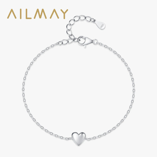 Ailmay 925 Sterling Silver Minimalist Smooth Heart Bracelet Charm Link Chain Adjustable Bracelet For Fine Female Fashion Jewelry