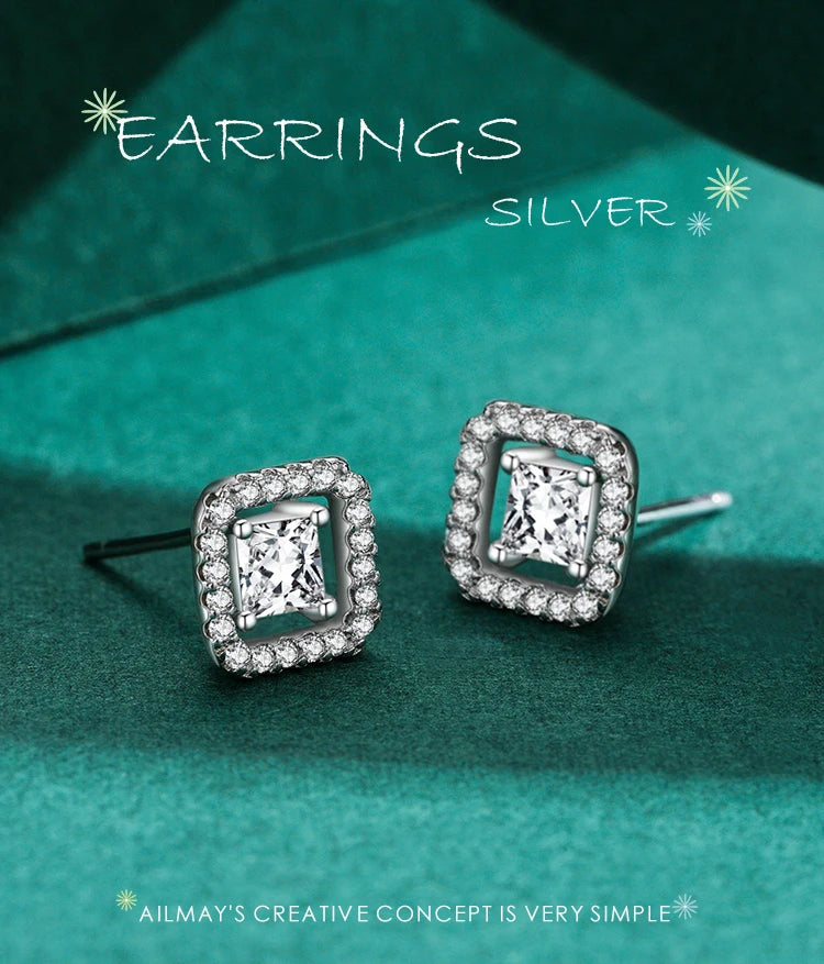 Ailmay Superior Quality 925 Sterling Silver Luxury Square Dazzling CZ Stud Earrings For Women Wedding Engagement Jewelry Gift