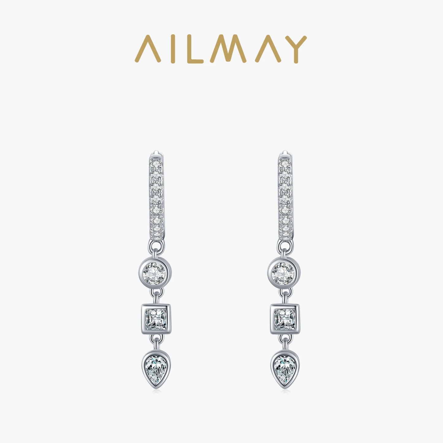 Ailmay Real 925 Sterling Silver Fashion Geometric Combination Clear CZ Hoop Earrings For Women Wedding Engagement Fine Jewelry