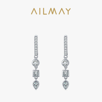 Ailmay Real 925 Sterling Silver Fashion Geometric Combination Clear CZ Hoop Earrings For Women Wedding Engagement Fine Jewelry