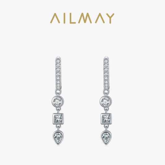 Ailmay Real 925 Sterling Silver Fashion Geometric Combination Clear CZ Hoop Earrings For Women Wedding Engagement Fine Jewelry