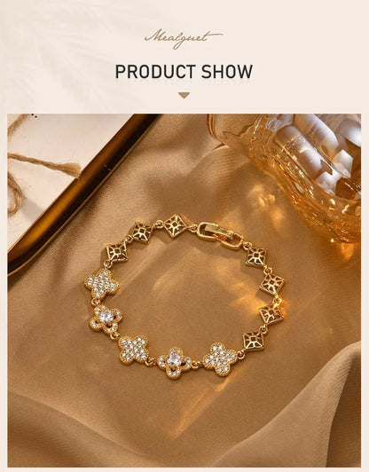 Cubic Zirconia Clover Bracelet for Women18k Gold Plated Link Statement Jewelry