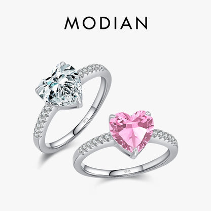 MODIAN 925 Sterling Silver Romantic Dazzling Pink Hearts Zirconia Wedding Ring For Women Engagement Classic Fine Jewelry Gifts