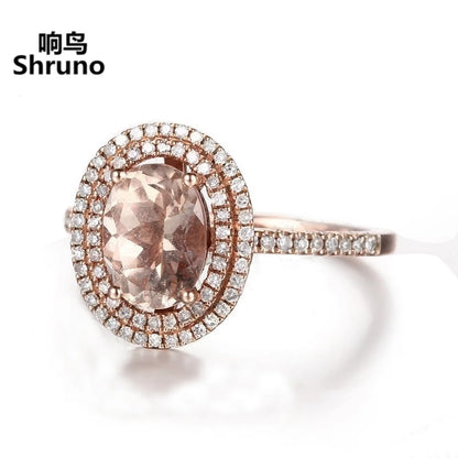 Shruno Solid 14k Rose Gold 1.3ct Oval 6x8mm Natural Morganite Engagement Ring Women Diamonds Wedding Trendy Fine Jewelry Gift