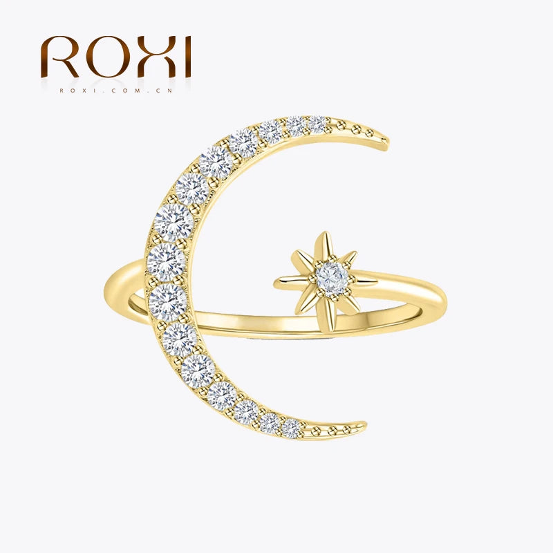 ROXI Ins Star Moon Design Ring 925 Sterling Silver Diamond Adjustable Opening Ring Ladies Summer Seaside Proposal Ring