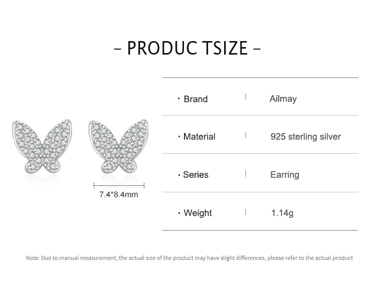 Ailmay Solid 925 Sterling Silver Luxury Full Zirconia Charm Butterfly Animal Stud Earrings Fine Jewelry For Women Christmas Gift