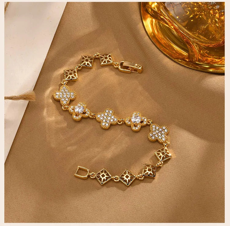 Cubic Zirconia Clover Bracelet for Women18k Gold Plated Link Statement Jewelry