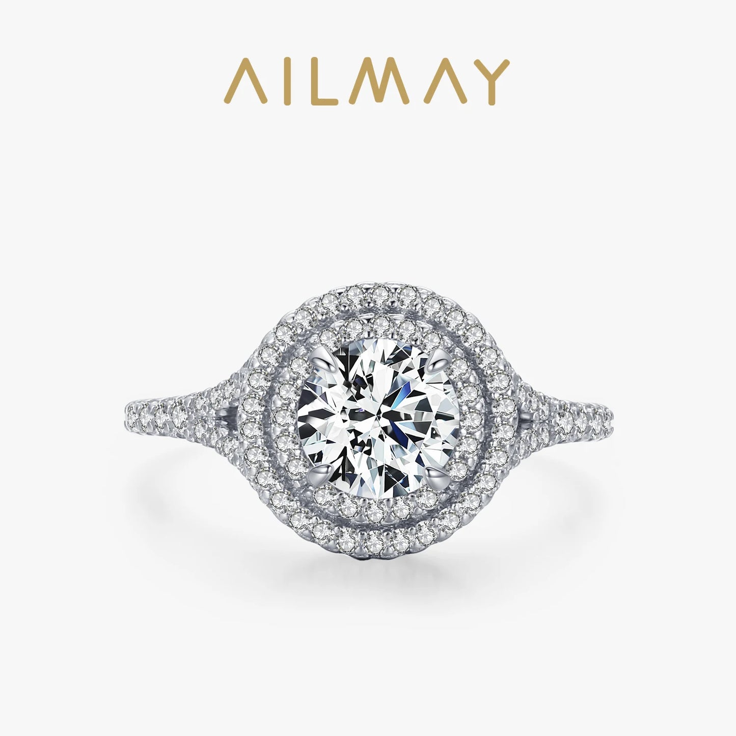 Ailmay Fashion Luxury 925 Sterling Silver Sparkling 5A Zirconia Round Rings For Women Charm Classic Wedding Statement Jewelry