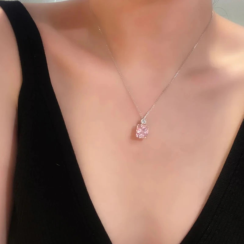 Huitan Luxury Pink Cubic Zirconia Pendant Necklace Newly Designed Women Neck Accessories Wedding Party Temperament Lady Jewelry