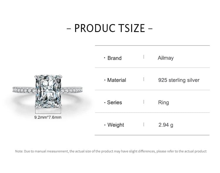 Ailmay 925 Sterling Silver Classic Luxury Rectangle Shiny 5A Clear Zircon Finger Ring For Women Wedding Engagement Jewelry Gift