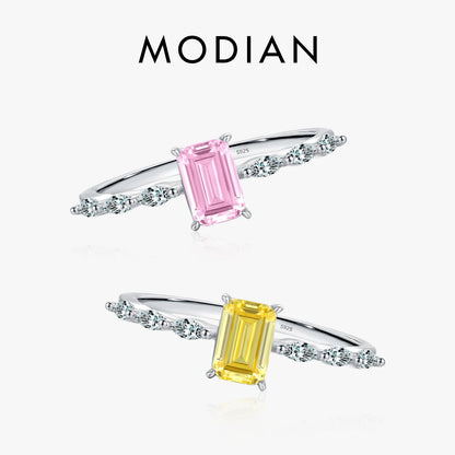 MODIAN Real 925 Sterling Silver Exquisite Sparkling Emerald Cut Pink Yellow Zirconia Ring For Women Wedding Luxury Fine Jewelry