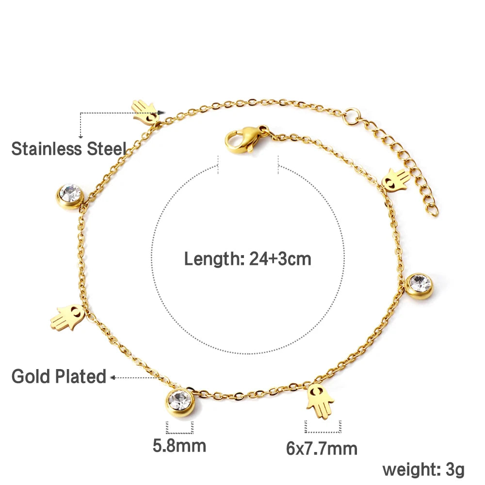 LUXUSTEEL Cryatal Hamsa Hand Charm Anklets For Women Girls Gold Color Stainless Steel Chain Ankle Summer Holiday Jewelry 23+5cm