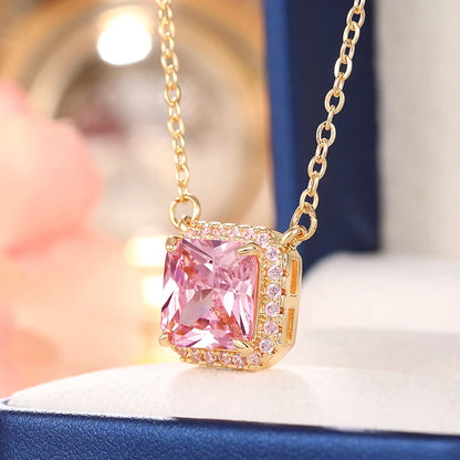 Huitan Square-shaped Pink Cubic Zirconia Pendent Necklace for Women Engagement Wedding Party Luxury Trendy New Necklace Jewelry