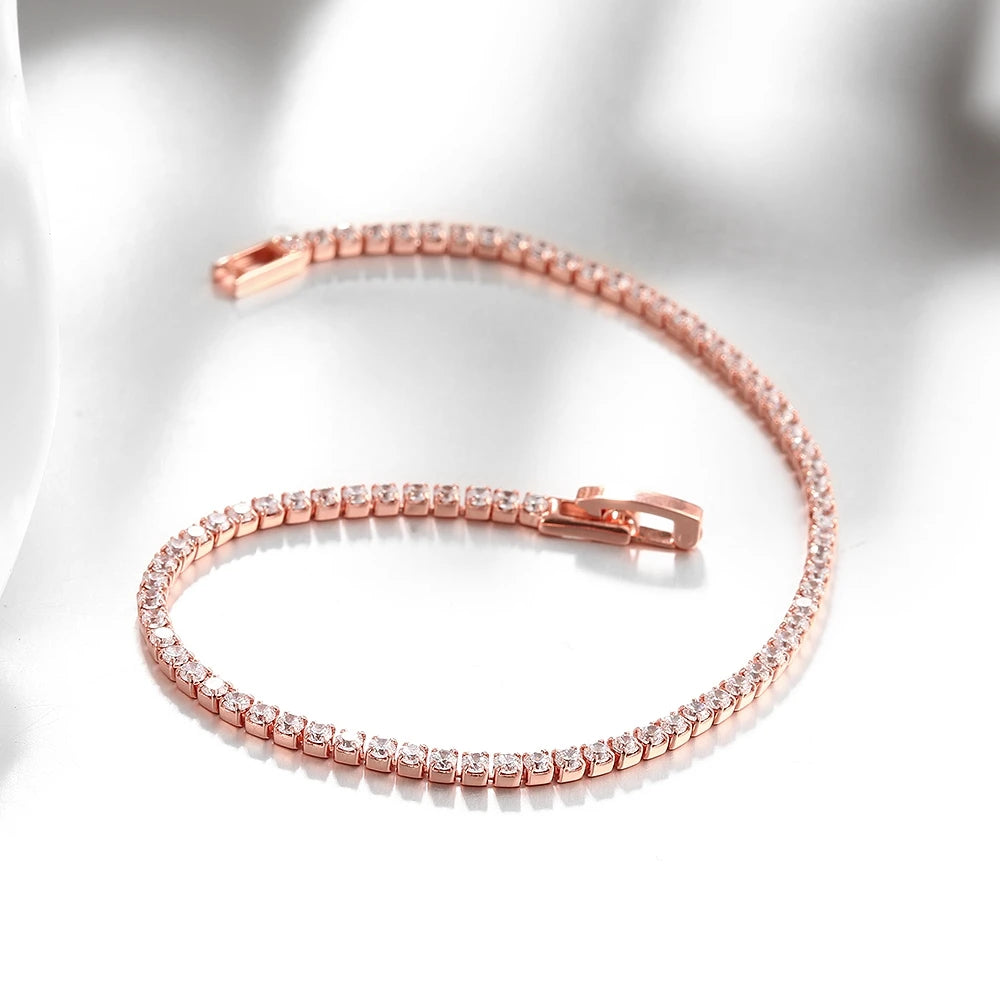 Rose Gold 925 Silver Jewelry 16-18cm Tennis Bracelet 2mm Zirconia Anniversary Gift Genuine Sterling Silver Bracelet