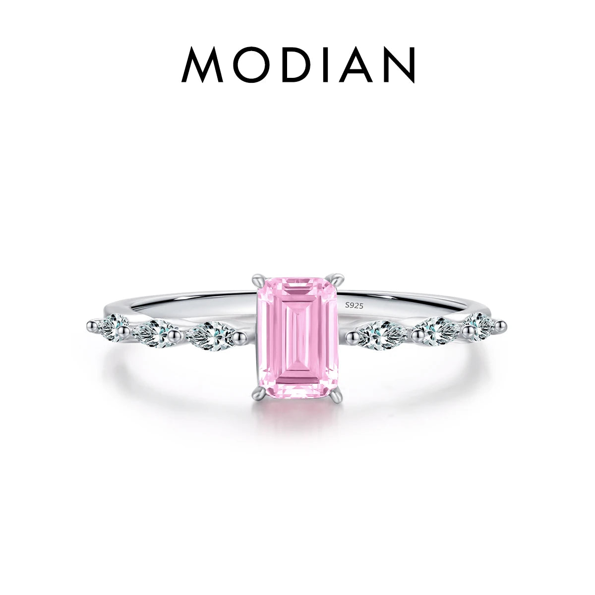 MODIAN Real 925 Sterling Silver Exquisite Sparkling Emerald Cut Pink Yellow Zirconia Ring For Women Wedding Luxury Fine Jewelry