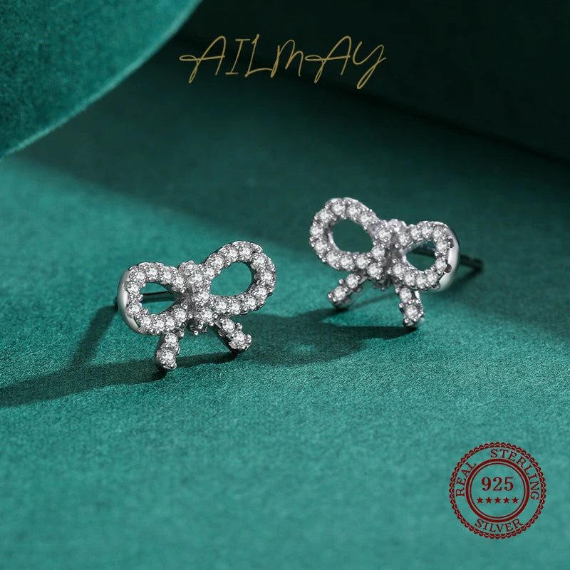 Ailmay Real 925 Sterling Silver Cute Elegant Bowknot Shiny CZ Stud Earrings For Women Girls Fine Jewelry Valentine's Day Gift