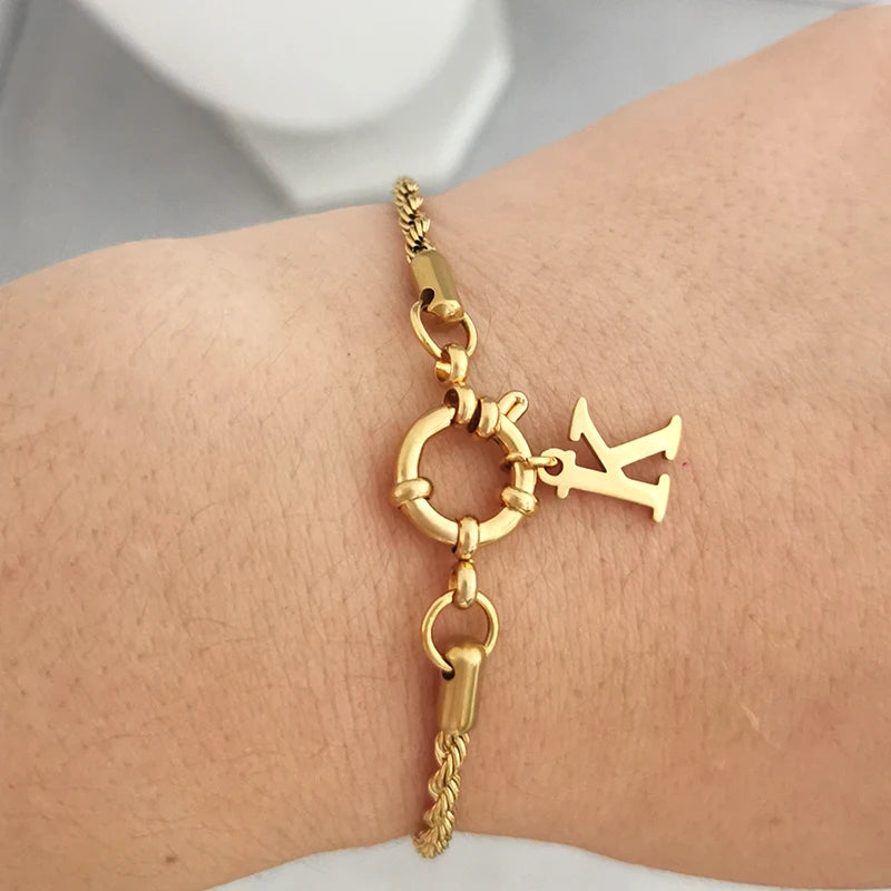 QMHJE Anchor Clasp Bracelet Women Men Stainless Steel Twist Rope Chain Sailor Wheel Geometric Link Basic DIY Gold Silver Color