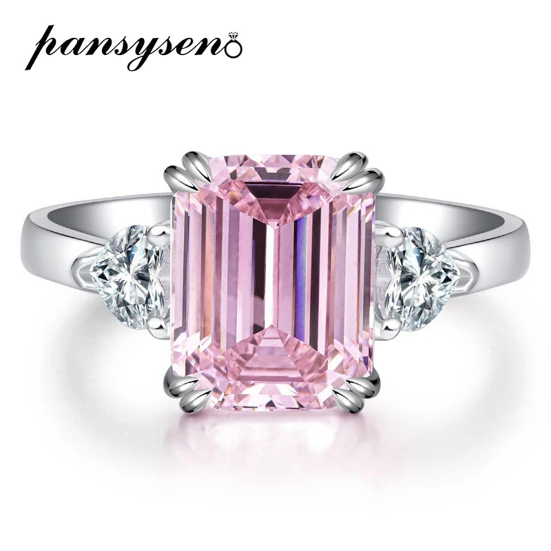 PANSYSEN Trendy 925 Sterling Silver 4CT Asshcer Cut Pink Sapphire High Carbon Diamond Ring for Women Engagement Wedding Jewelry