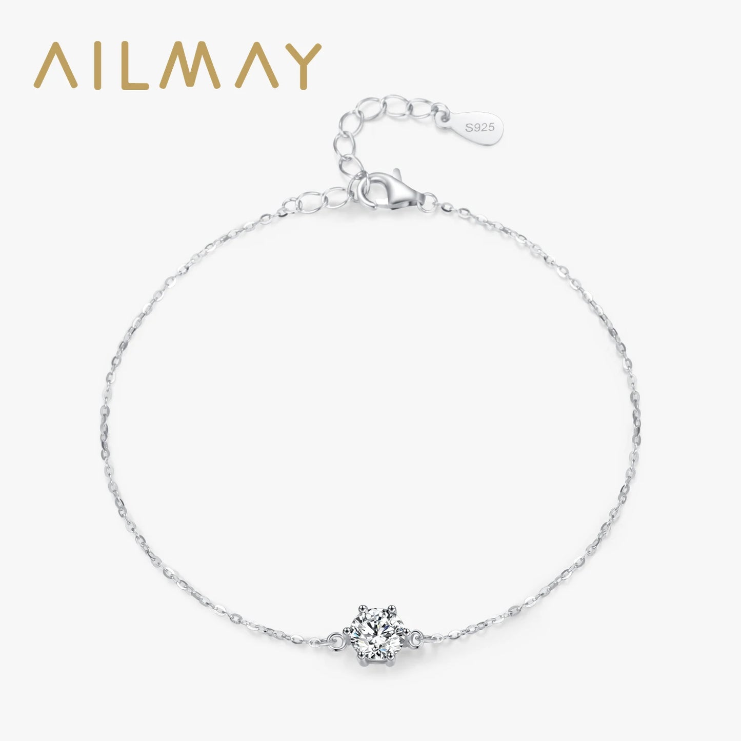 Ailmay Real 925 Sterling Silver Classics Round Sparkling Clear CZ Chain Type Bracelet For Women Wedding Engagement Jewelry Gifts