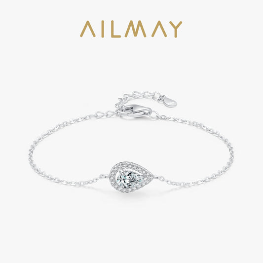 Ailmay 925 Sterling Silver Fashion Water Drop Pear Shape Zirconia Link Chain Bracelet For Women Wedding Engagement Jewelry Gift