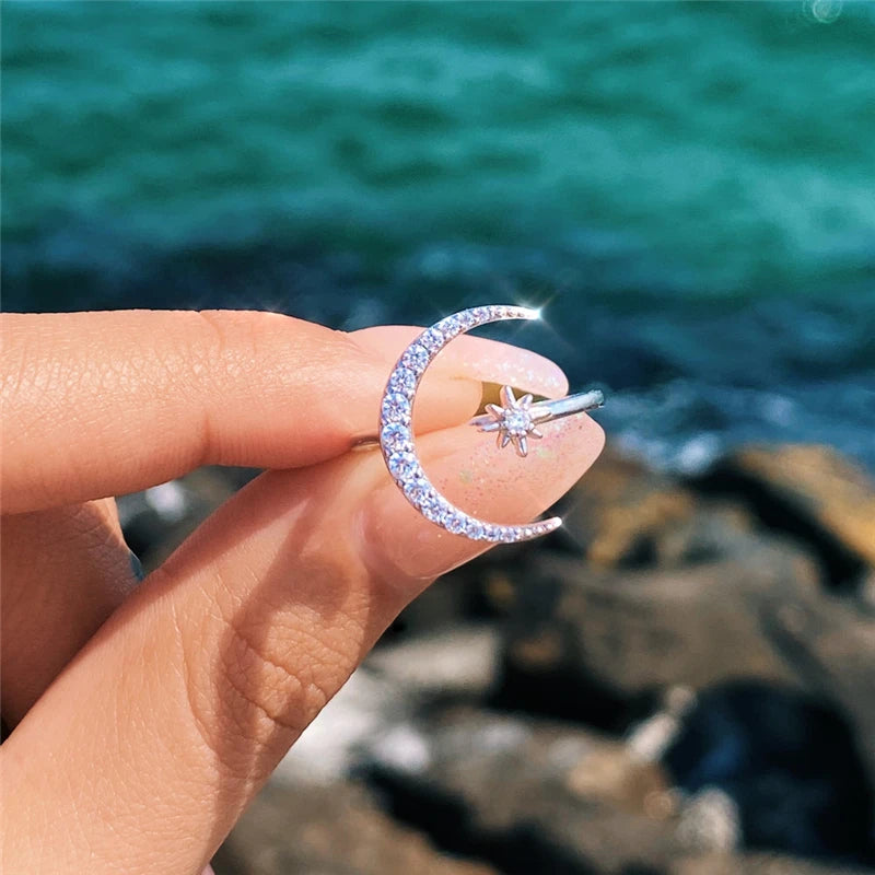 ROXI Ins Star Moon Design Ring 925 Sterling Silver Diamond Adjustable Opening Ring Ladies Summer Seaside Proposal Ring