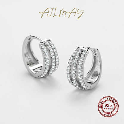 Ailmay New Arrival Luxury Dazzling CZ Ear Buckles Real 925 Sterling Silver Luxury Charm Hoop Earrings For Women Wedding Jewelry