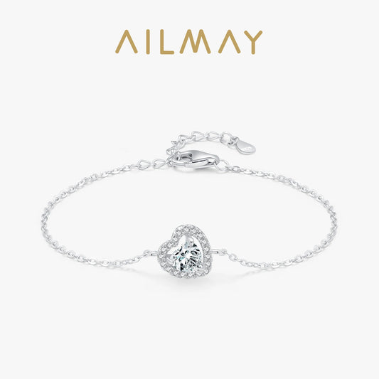 Ailmay 925 Sterling Silver Elegant 1.0Ct Heart Zirconia Link Chain Charm Bracelet For Women Romantic Wedding Engagement Jewelry