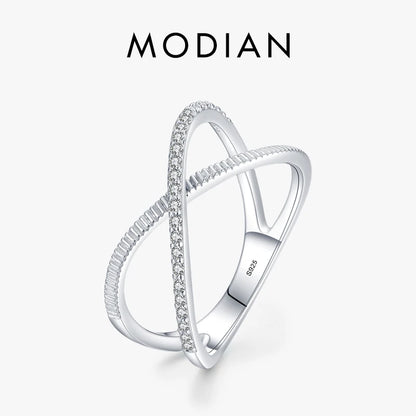 MODIAN Authentic 925 Sterling Silver Sparkling Clear CZ Cross Ring For Women Simple Design Ring Fine Jewerlry Gift Accessories