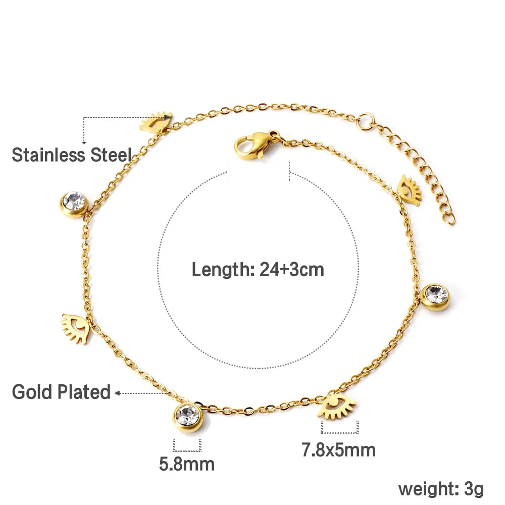 LUXUSTEEL Cryatal Hamsa Hand Charm Anklets For Women Girls Gold Color Stainless Steel Chain Ankle Summer Holiday Jewelry 23+5cm