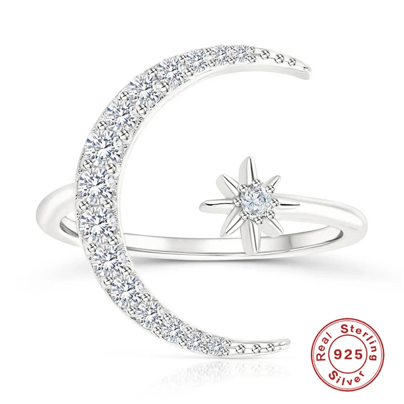 ROXI Ins Star Moon Design Ring 925 Sterling Silver Diamond Adjustable Opening Ring Ladies Summer Seaside Proposal Ring