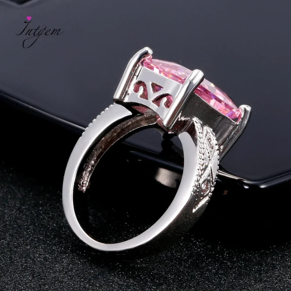 925 Silver Jewelry Cubic Zirconia Rectangle Pink Cushion Stone Rings Geometric Ring for Women Bridesmaid Wedding Party Gift Ring