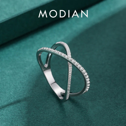 MODIAN Authentic 925 Sterling Silver Sparkling Clear CZ Cross Ring For Women Simple Design Ring Fine Jewerlry Gift Accessories