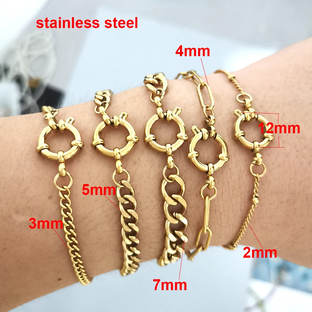 QMHJE Anchor Clasp Bracelet Women Men Stainless Steel Twist Rope Chain Sailor Wheel Geometric Link Basic DIY Gold Silver Color