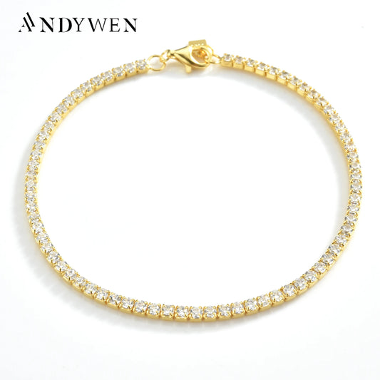 ANDYWEN 925 Sterling Silver Gold 2mm Tennis Cubic Zirconia Round Briliant Bracelet Long Lasting  Wholesale Bulk CZ  Women Fine