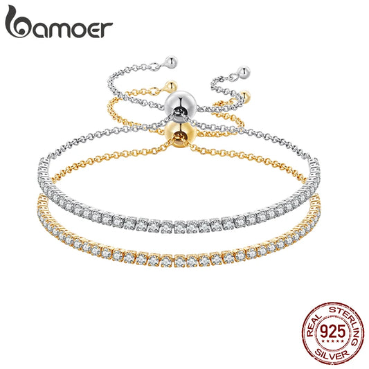 BAMOER 14K Gold Plated CZ Classic Tennis Bracelet for Women, 925 Sterling Silver Adjustable Slider Bracelet Wedding Jewelry Gift