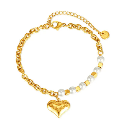 PAXA Fashion Heart Pearl Splicing Design Stainless Steel Chain Bracelet Bangle for Women Waterproof Wedding Charm Jewelry Gifts