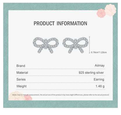 Ailmay Real 925 Sterling Silver Cute Elegant Bowknot Shiny CZ Stud Earrings For Women Girls Fine Jewelry Valentine's Day Gift