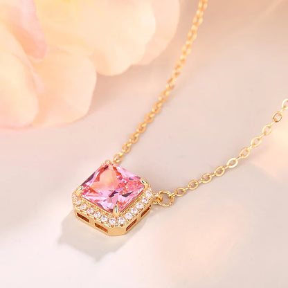 Huitan Square-shaped Pink Cubic Zirconia Pendent Necklace for Women Engagement Wedding Party Luxury Trendy New Necklace Jewelry