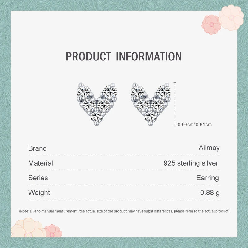 Ailmay Genuine 925 Sterling Silver Fashion Hearts Sparkling CZ Simple Stud Earrings For Women Girls Anti-allergy Fine Jewelry