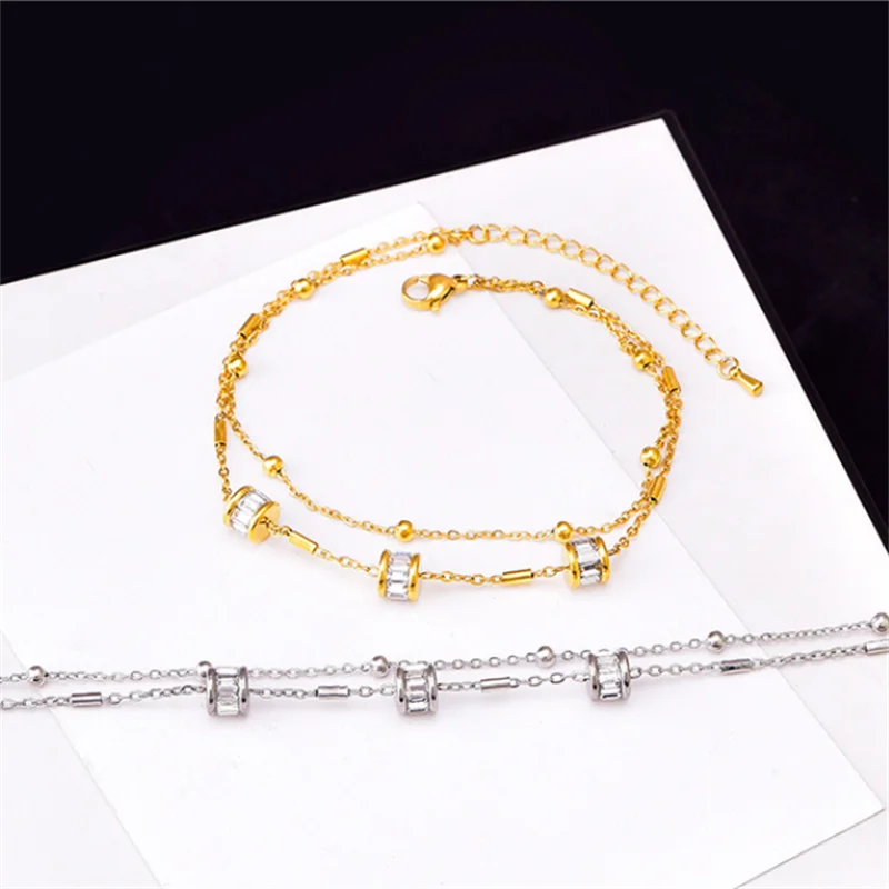 316L Stainless Steel New Fashion Fine Jewelry 2-Layer Cylinder Beading Crystal Zircon Tire Shape Charm Chain Anklets For Women