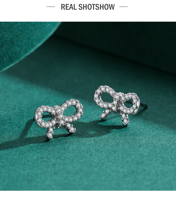 Ailmay Real 925 Sterling Silver Cute Elegant Bowknot Shiny CZ Stud Earrings For Women Girls Fine Jewelry Valentine's Day Gift