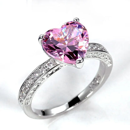 Gorgeous Heart Geometry Silver Color Rings for Women Fashion Metal Inlaid Pink White Stones Ring Jewelry