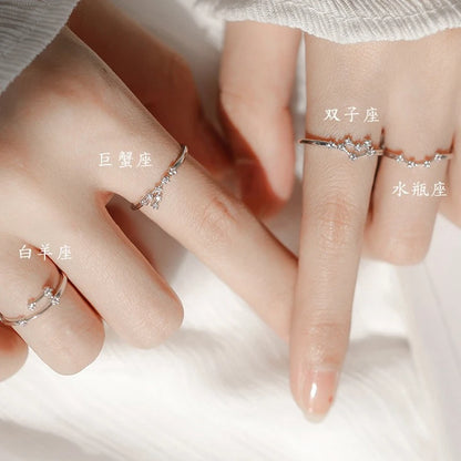 ROXI 925 Sterling Silver 12 Constellations Series Crystal Finger Rings For Women Men Couple Adjustable Jewelry Birthday Gift