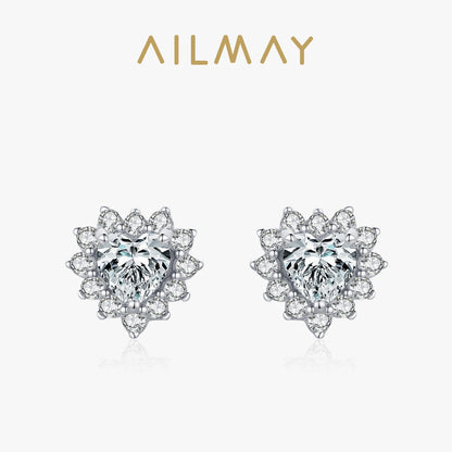 Ailmay Romantic Heart Clear Zircon Earrings Real 925 Sterling Silver For Women Classic Luxury Wedding Accessories Jewelry GIFT